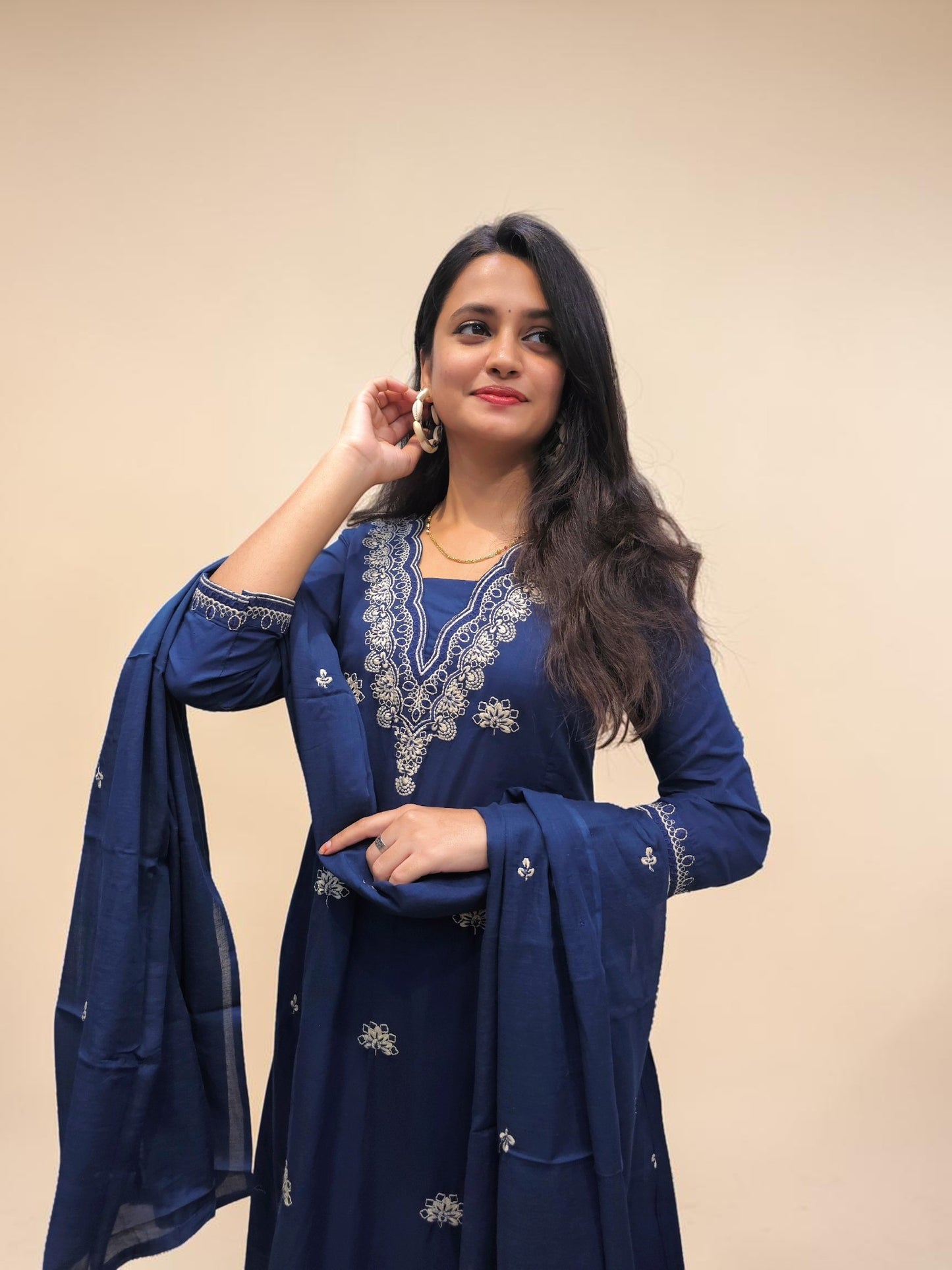Designer blue cotton kurta set with embroidery and dupatta