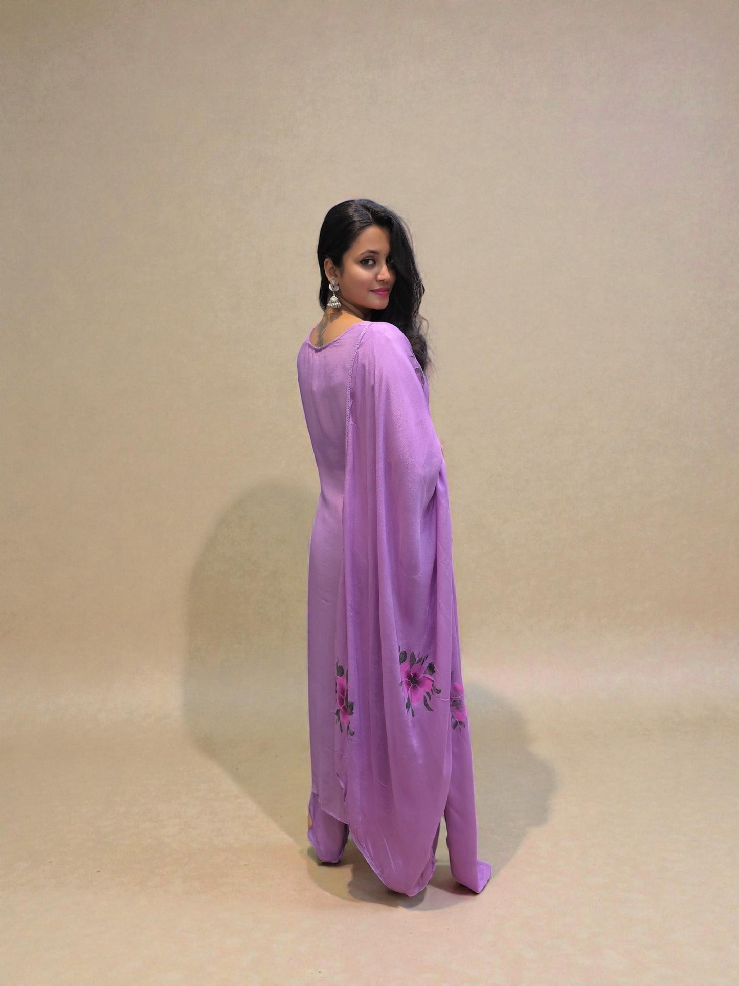 Designer pure chinnon A-line kurta set with floral handwork detailing