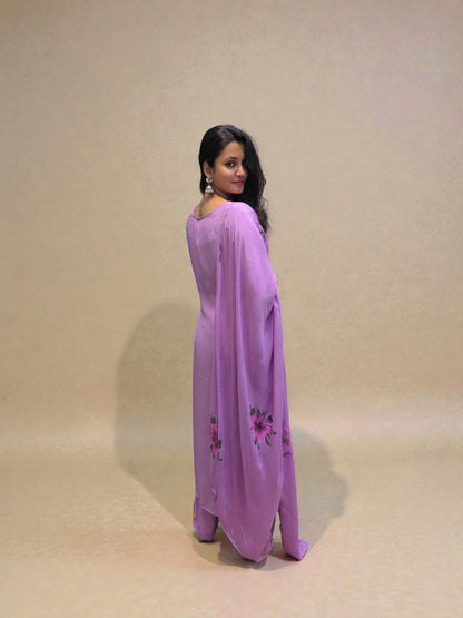 Designer pure chinnon A-line kurta set with floral handwork detailing