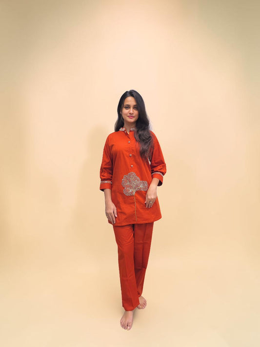 Women's rust orange cotton co-ord set with hand embroidery