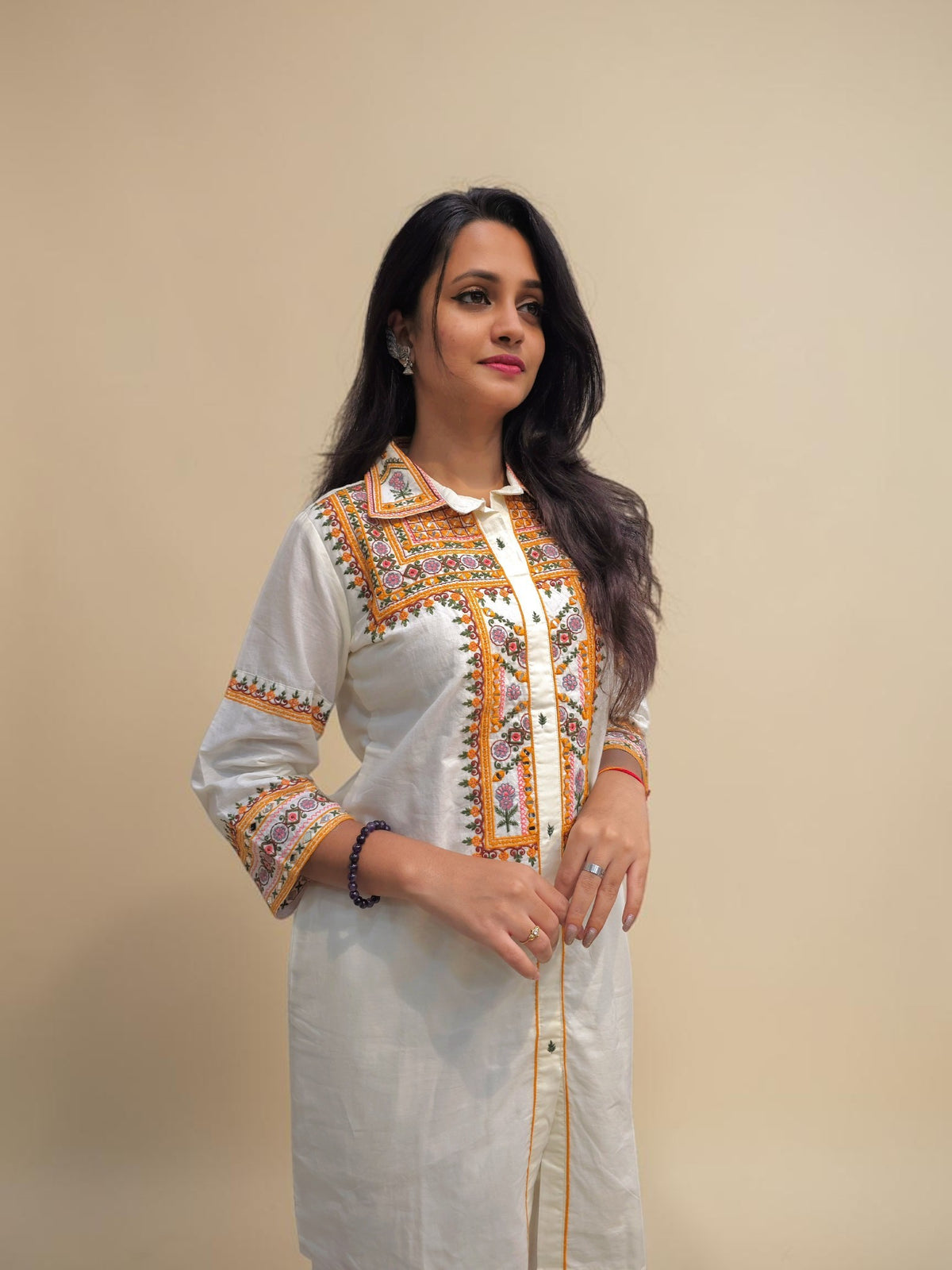 Designer white cotton shirt style kurta and pants set