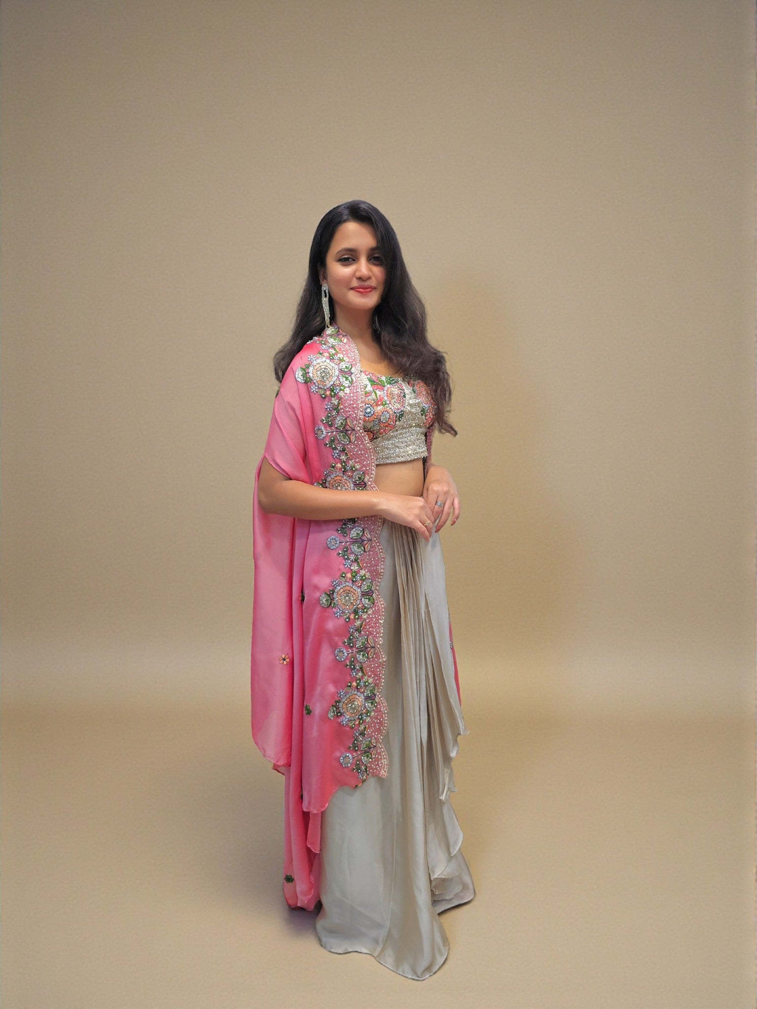 Designer crop top dhoti skirt with embroidered shrug for weddings