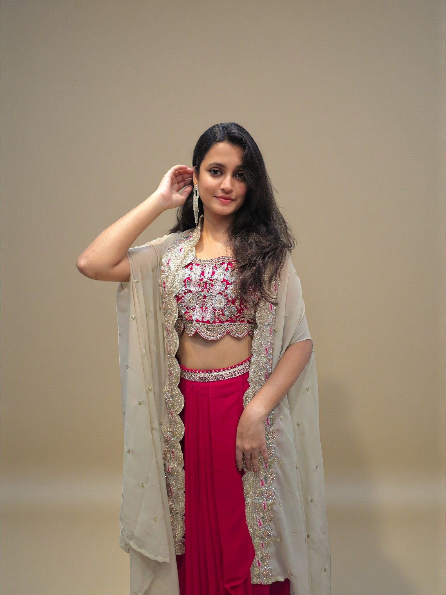 Designer beige maroon crop top dhoti skirt with embellished shrug