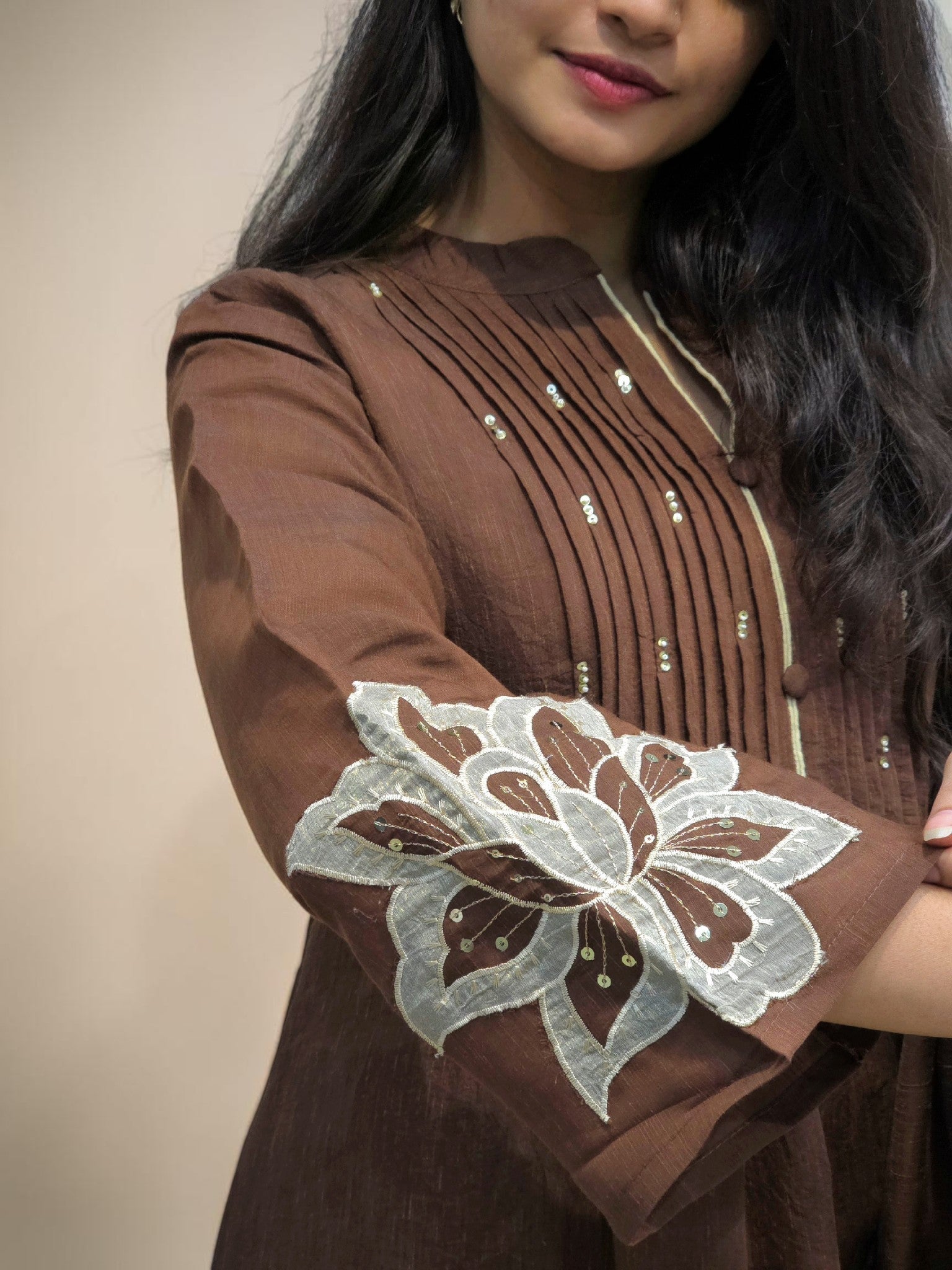 Designer brown suit set with handcrafted floral embroidery