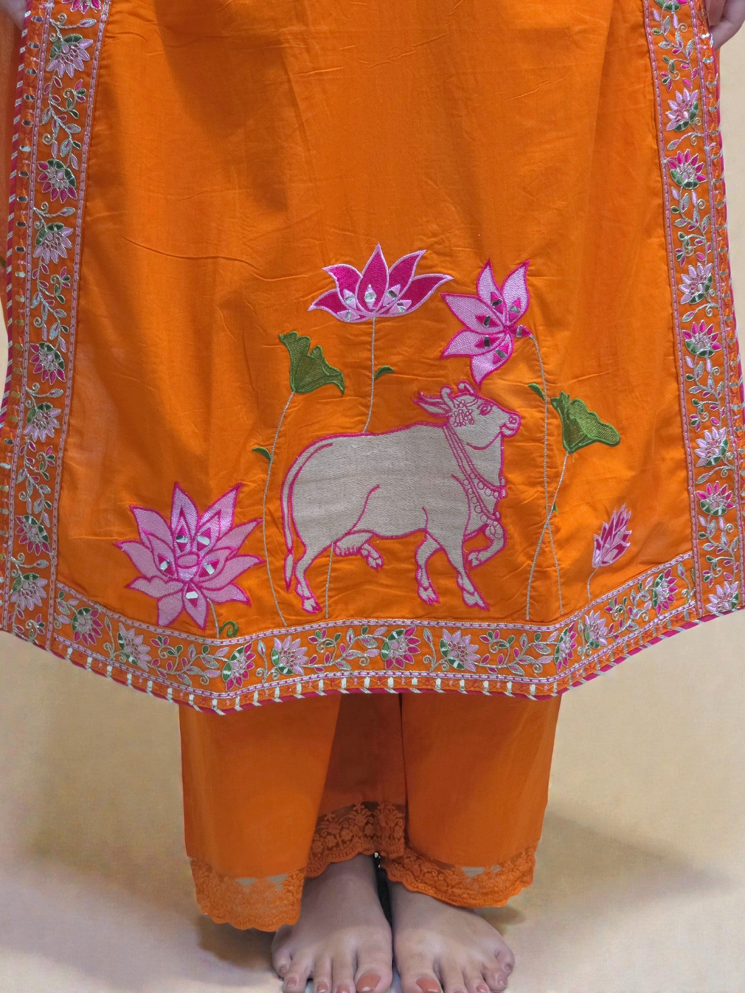 KAMDHENU COW WITH LOTUS EMBROIDERY KURTA SET IN RUST ORANGE