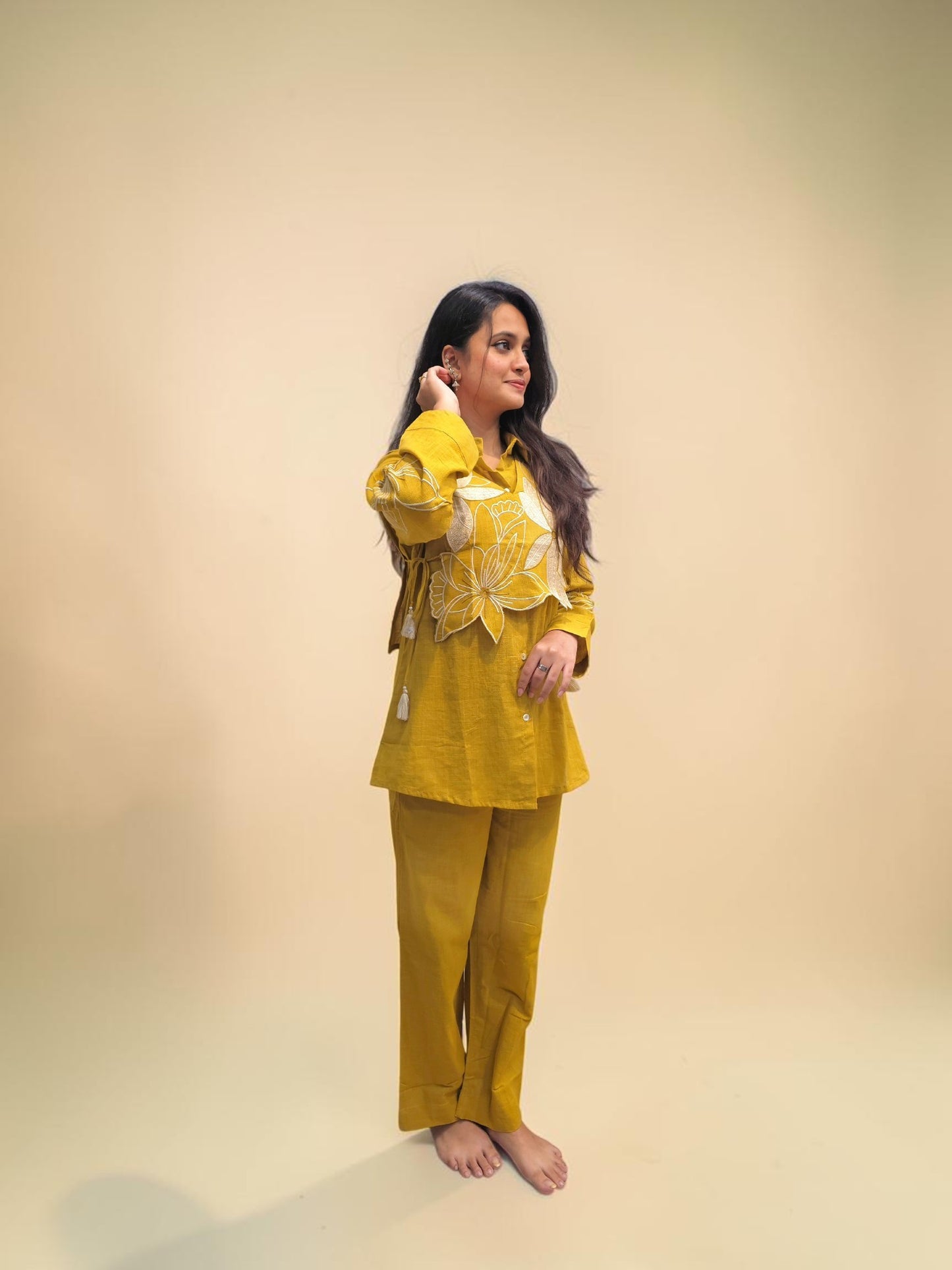 Designer mustard linen co-ord set with floral handwork