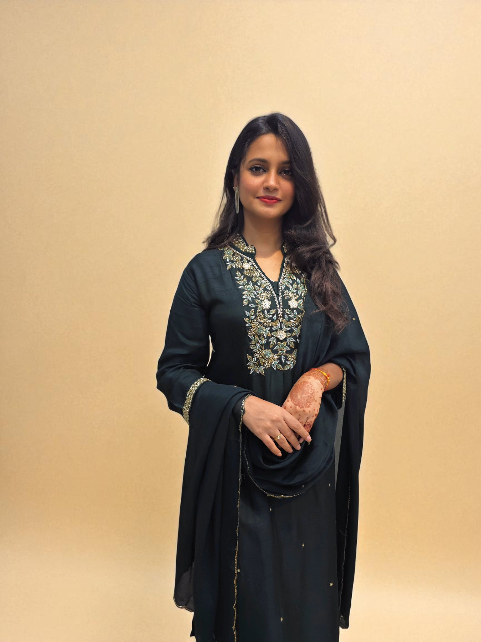 Designer dark green kurta set with embroidery and dupatta