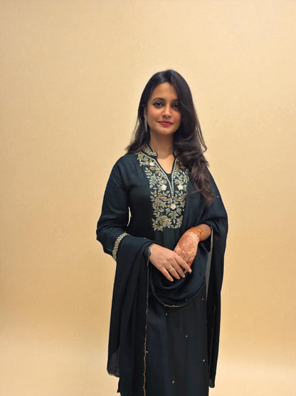 Designer dark green kurta set with embroidery and dupatta