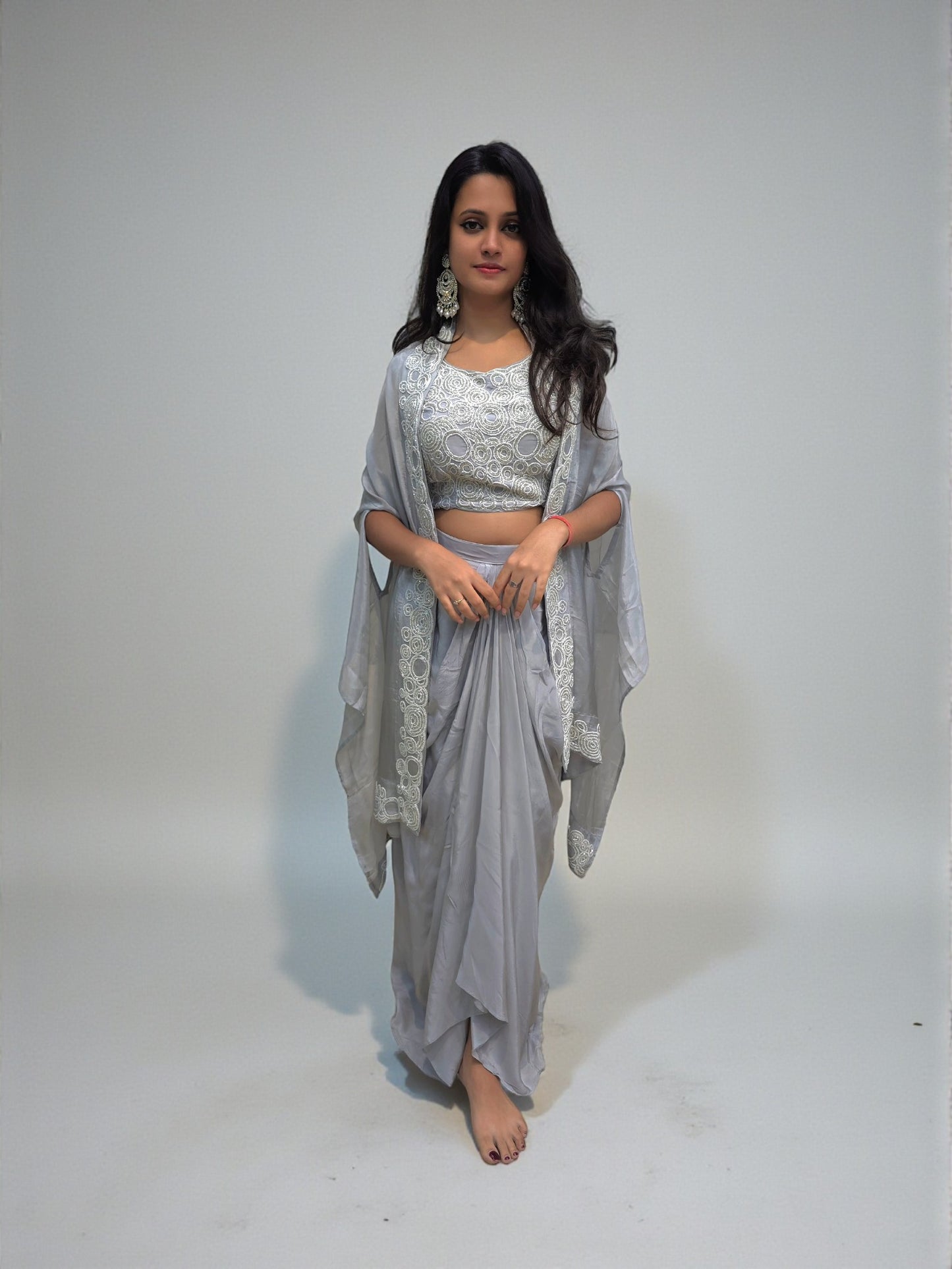 Women’s designer grey embroidered cape dhoti skirt outfit