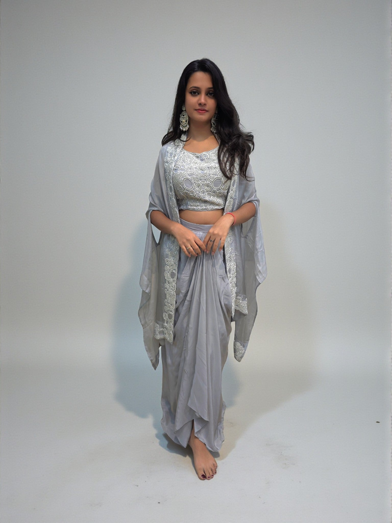 Women’s designer grey embroidered cape dhoti skirt outfit