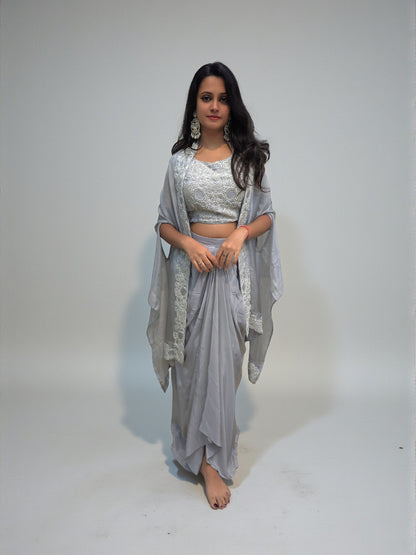 Women’s designer grey embroidered cape dhoti skirt outfit