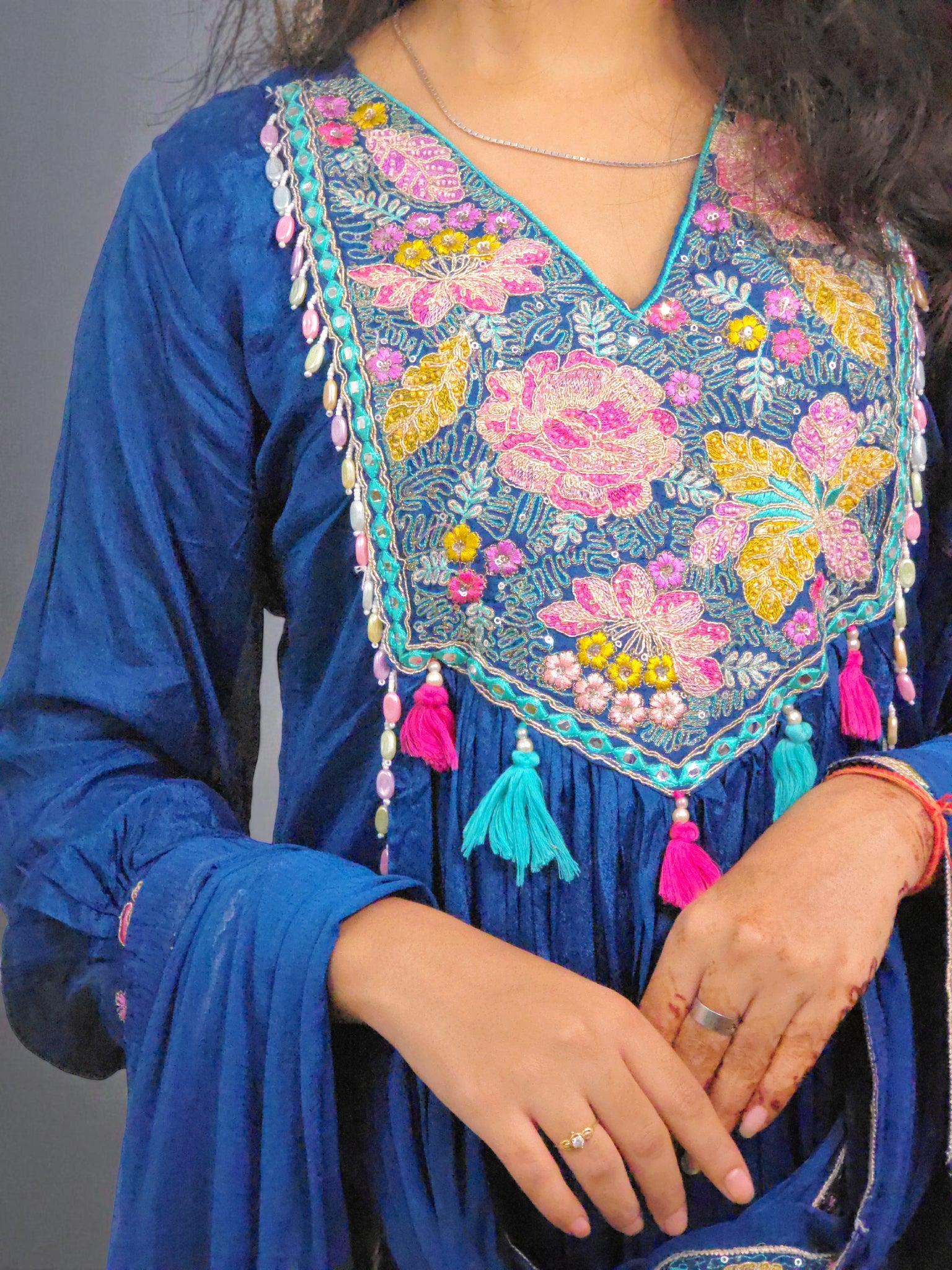 close up of Royal blue festive kurta set with chiffon dupatta – Ambika Boutique