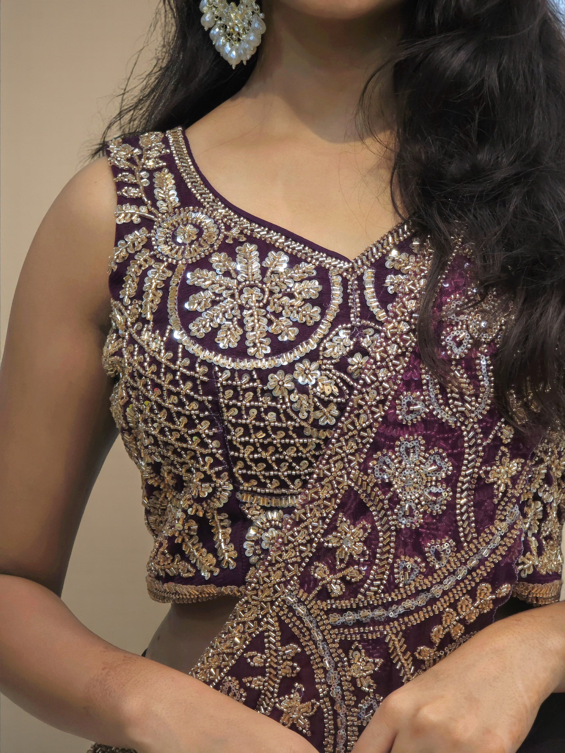 Designer purple drape skirt with embroidered crop top