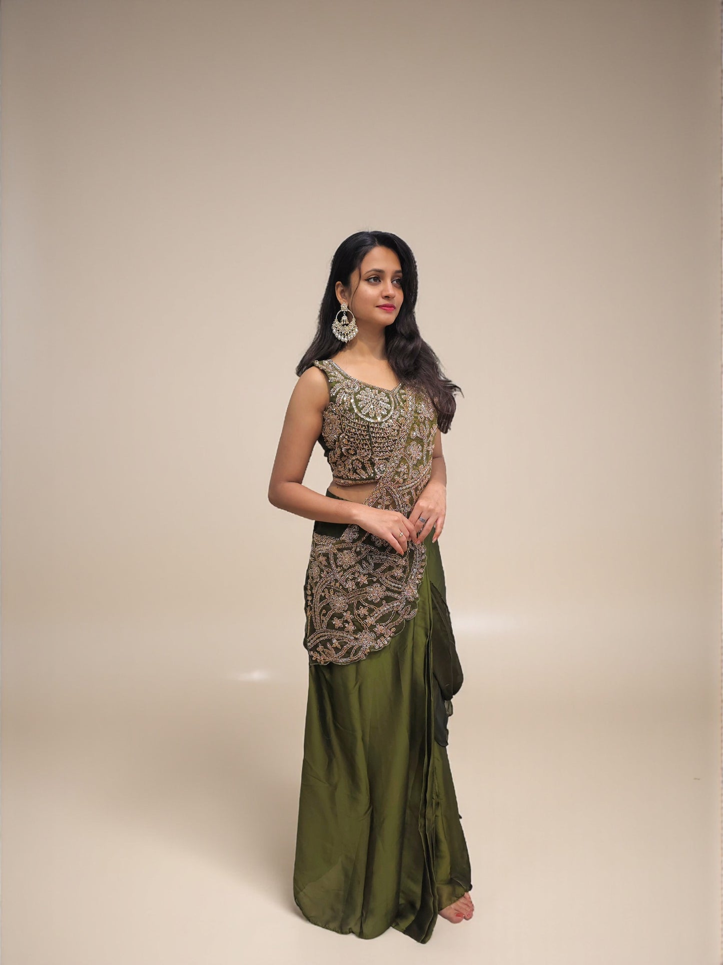 Designer indo western drape skirt outfit for mehendi function