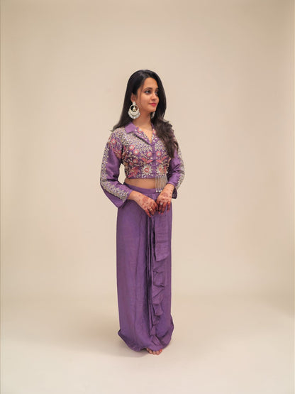 Designer purple tulip skirt with embroidered crop top