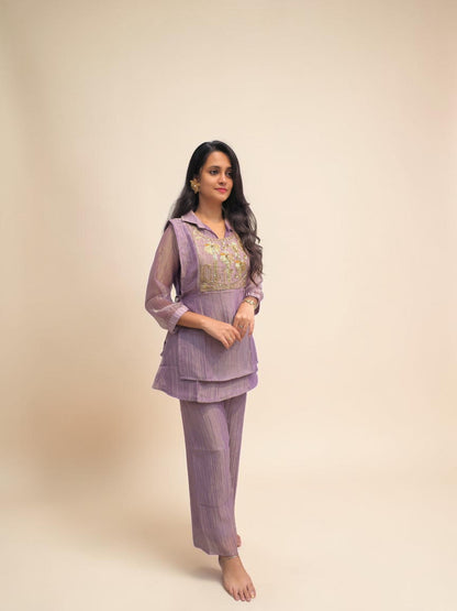 Designer lavender glass tissue cord set with intricate Zardozi handwork