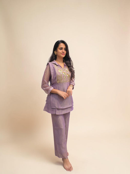 Designer lavender glass tissue cord set with intricate Zardozi handwork