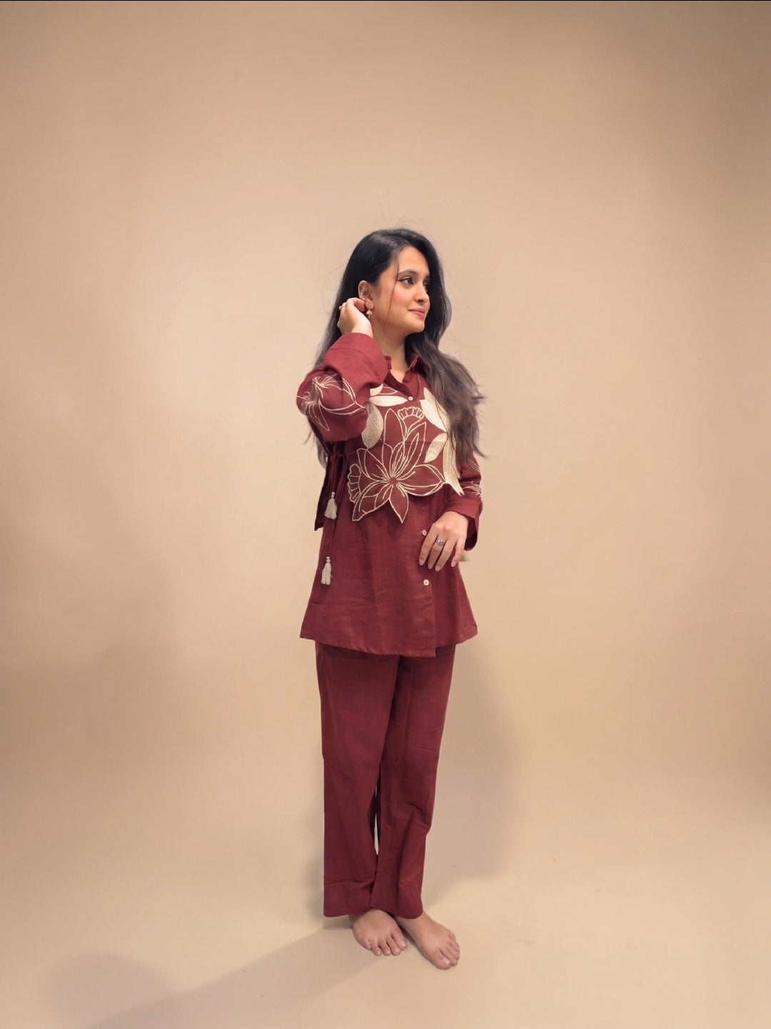 Designer maroon linen co-ord set with floral handwork