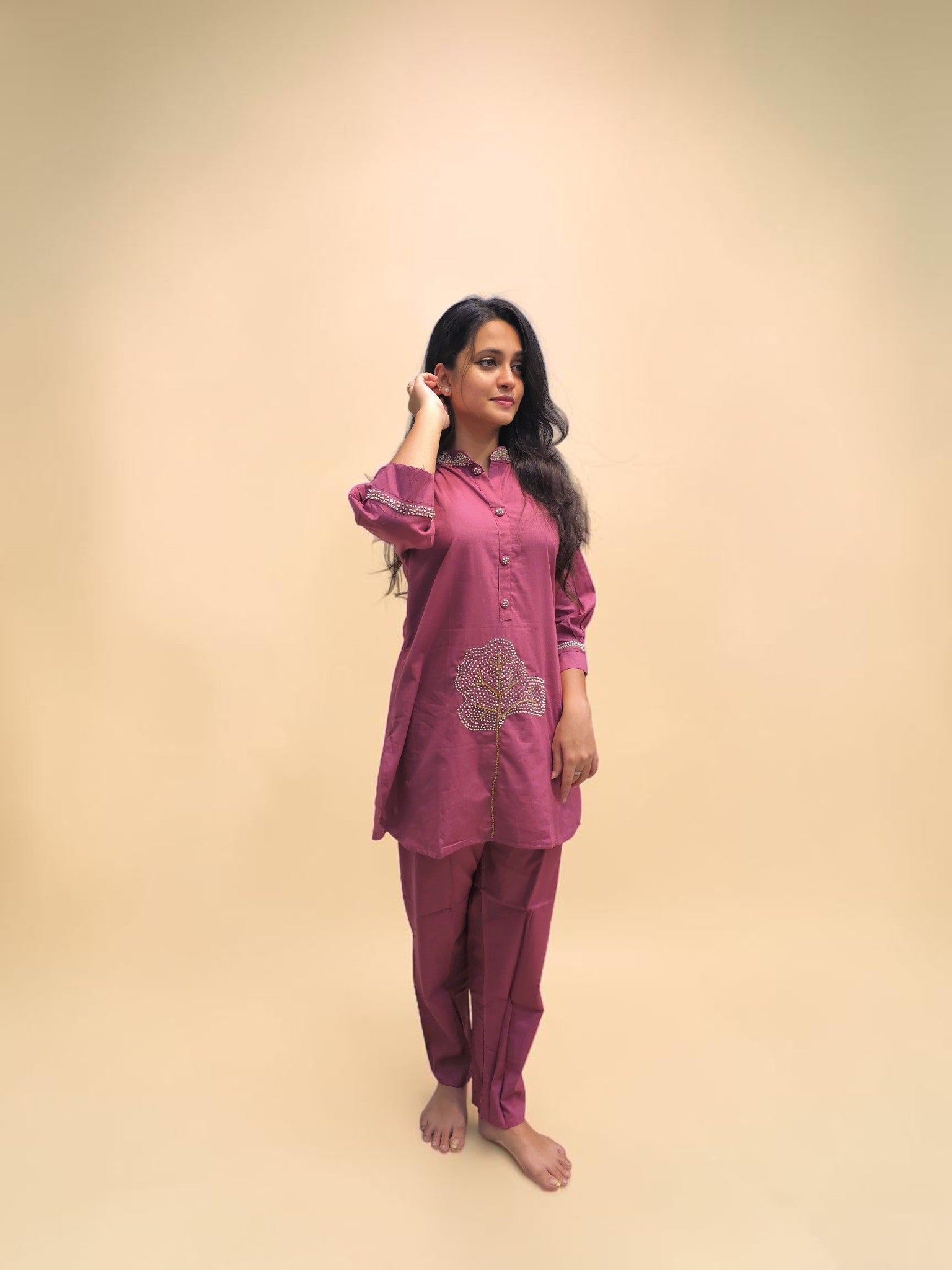 Designer mauve cotton kurta pant cord set