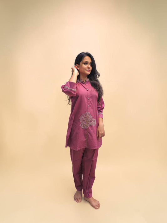 Designer mauve cotton kurta pant cord set