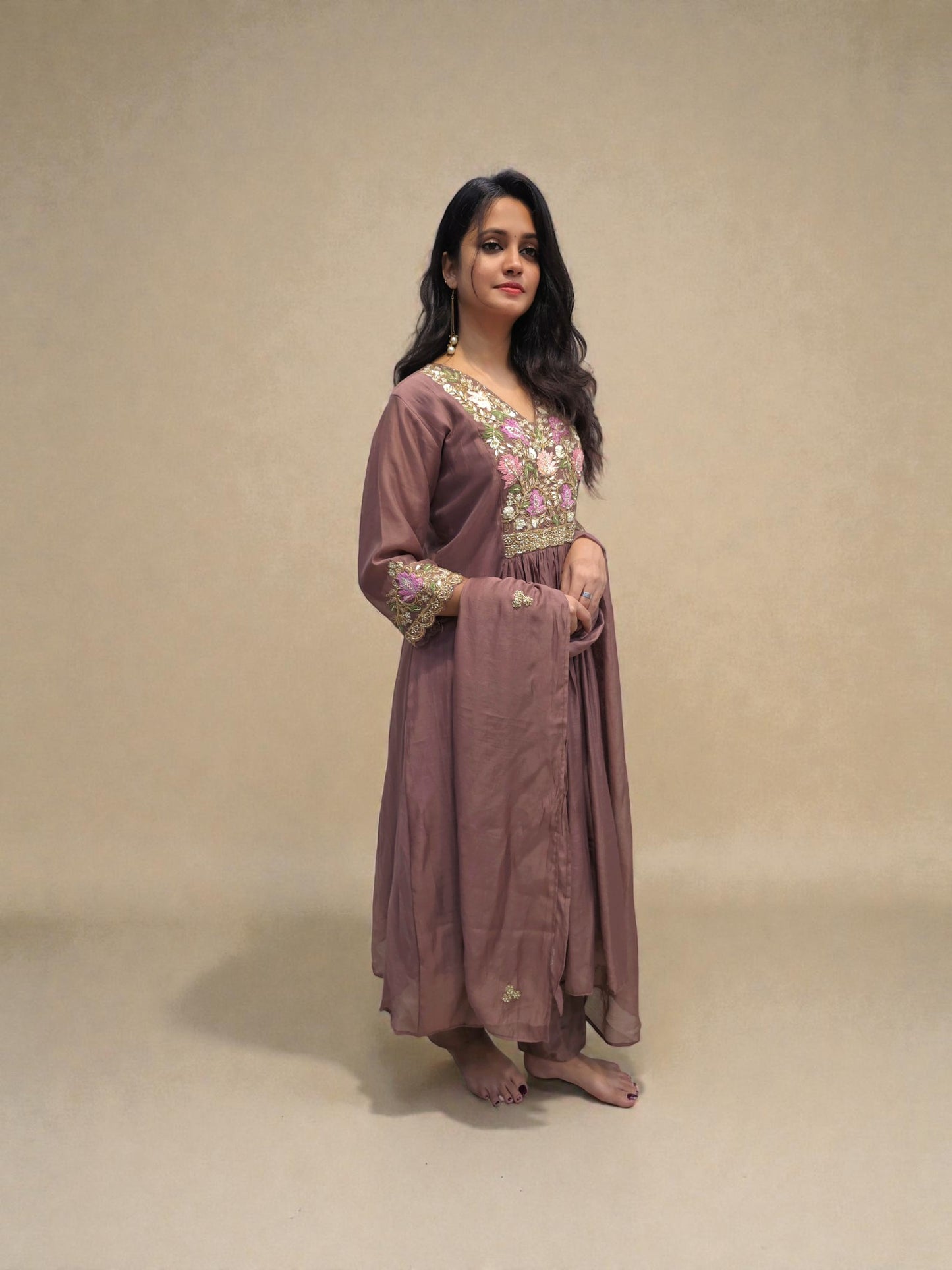 Brown mul chanderi embroidered suit for festive and party wear