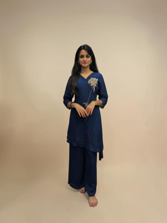Designer navy blue ethnic cord set with matching wide leg pants