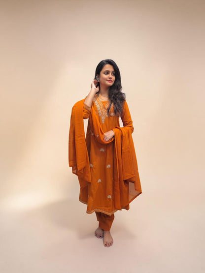Designer orange cotton kurta set with embroidery and dupatta