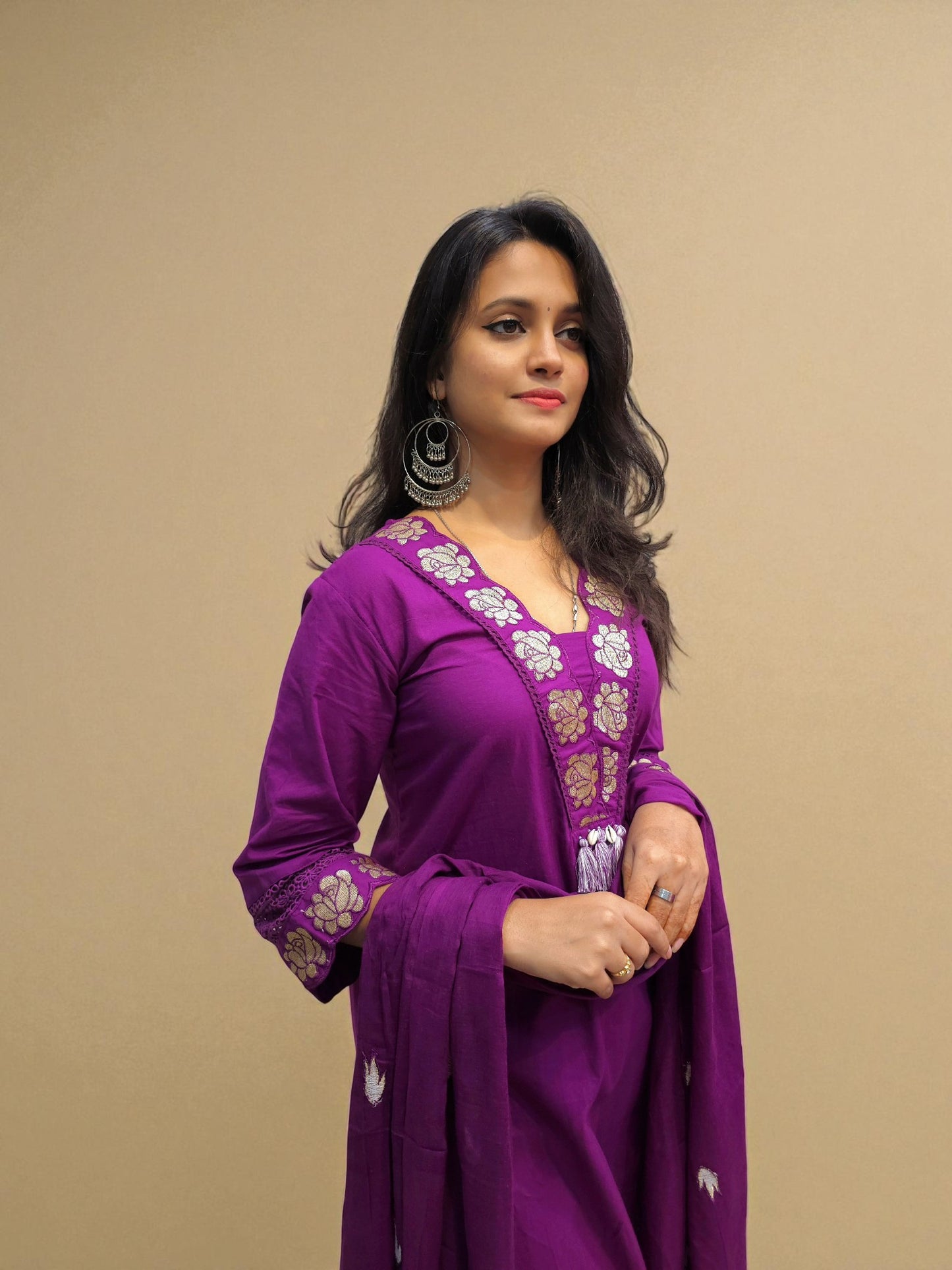 Comfortable purple cotton kurta set with matching dupatta