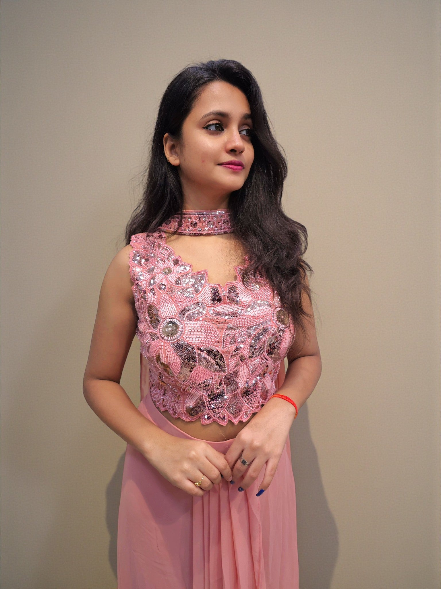 Handwork peach crop top with dhoti skirt and dupatta