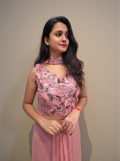 Handwork peach crop top with dhoti skirt and dupatta