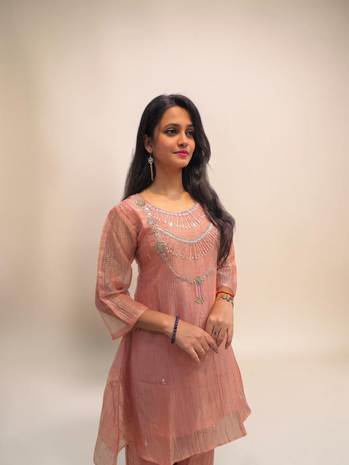 Designer peach ethnic cord set for festive wear