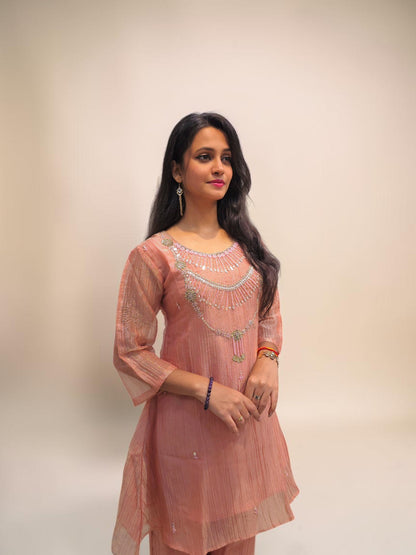 Designer peach ethnic cord set for festive wear