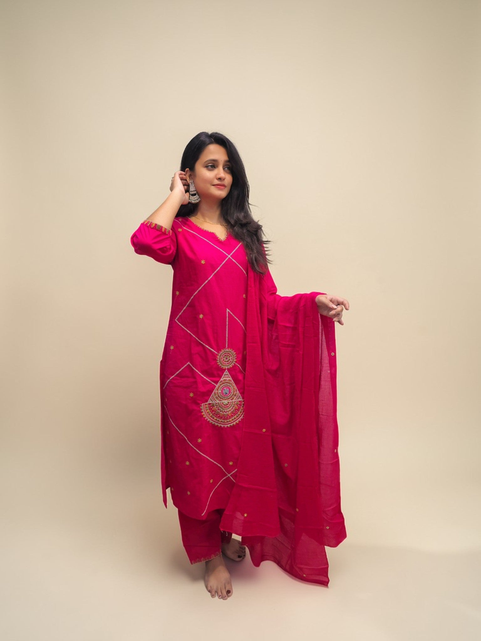 Designer cotton kurta set with hand embroidery in pink color