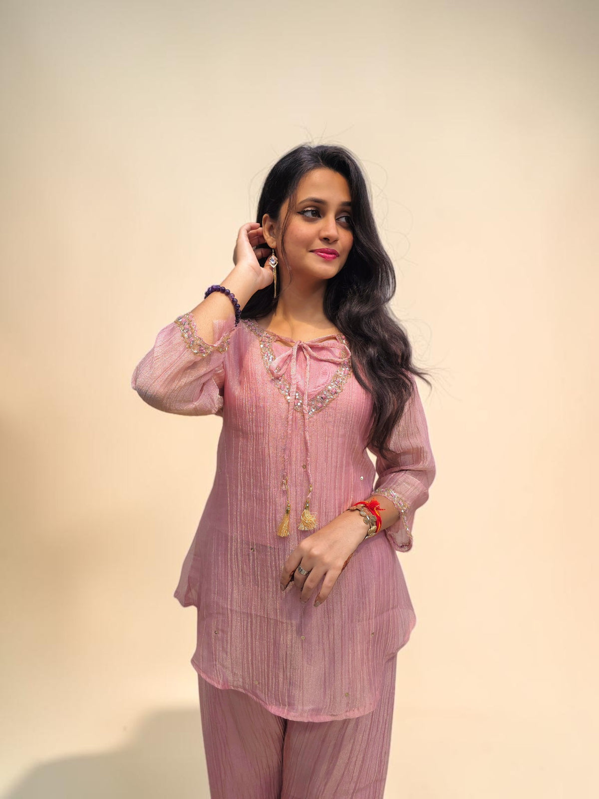 Designer dusty pink ethnic cord set for festive wear