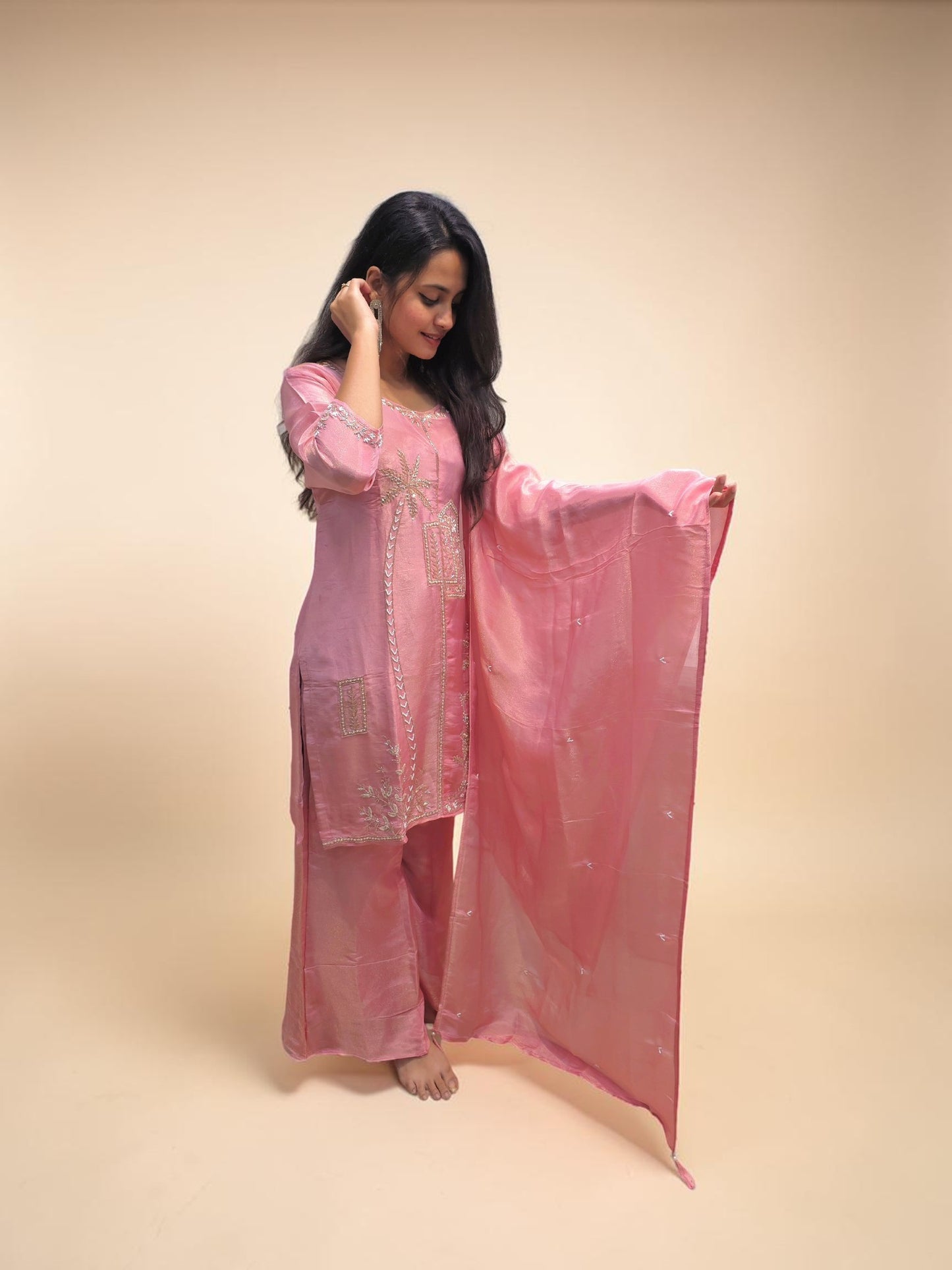 Designer pink embroidered kurta palazzo set
