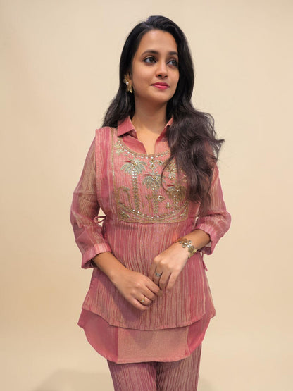 Designer pink glass tissue cord set with Zardozi handwork