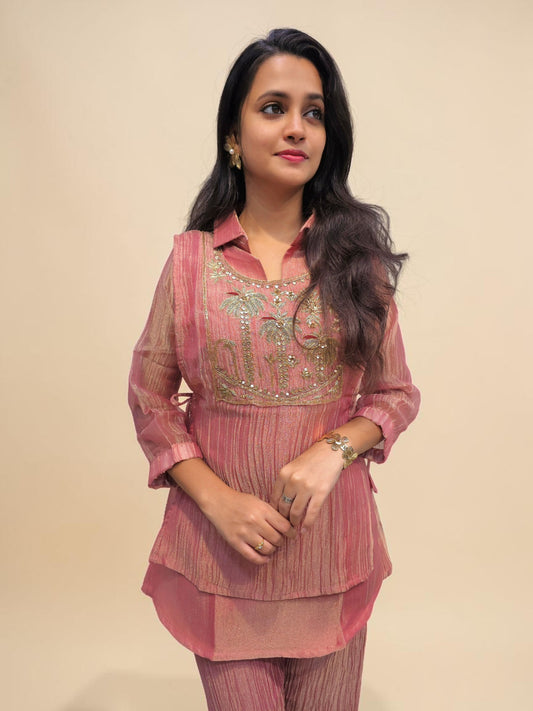 Designer pink glass tissue cord set with Zardozi handwork