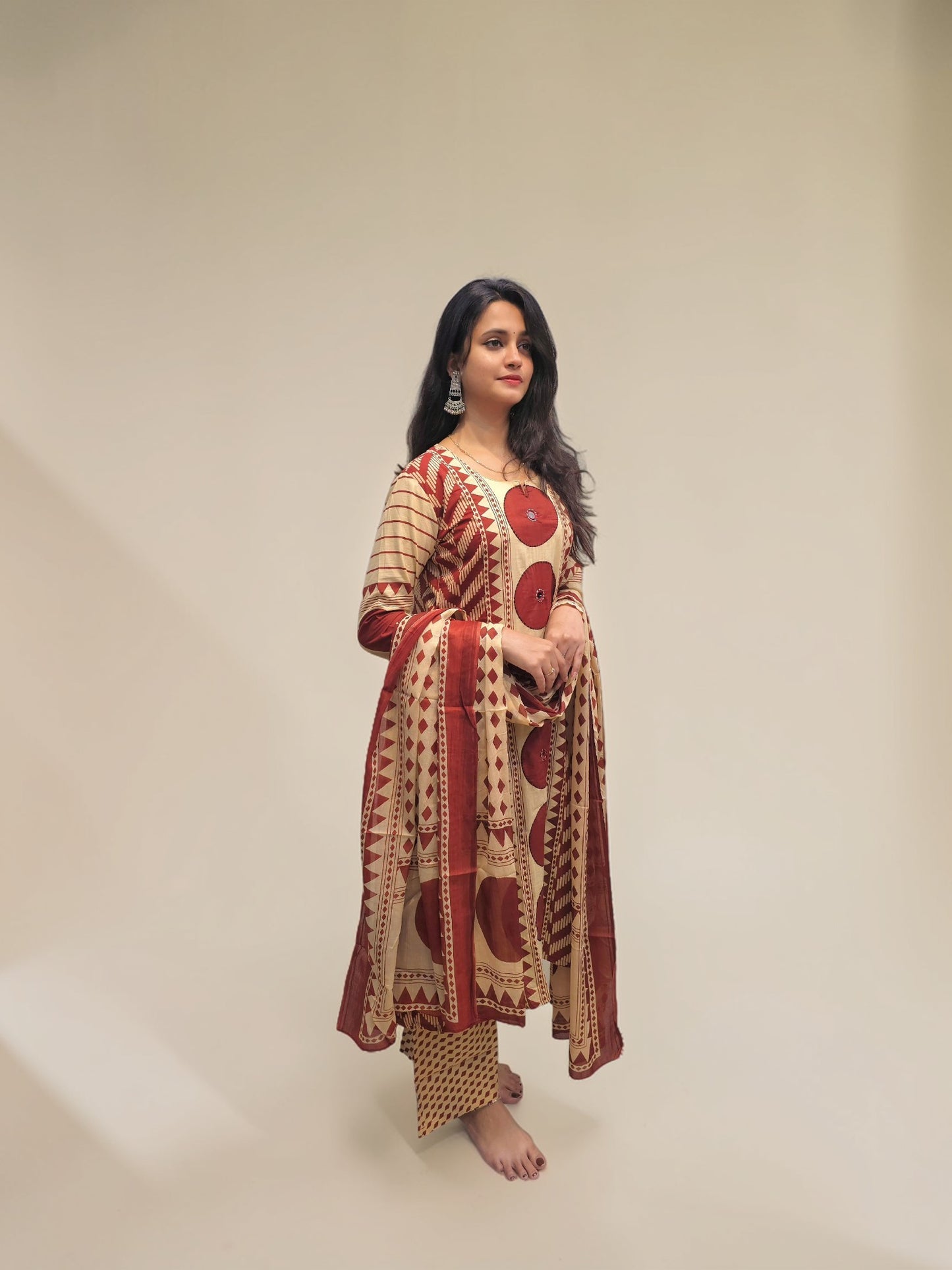 Designer cotton kurta set with ethnic print and mirror detailing