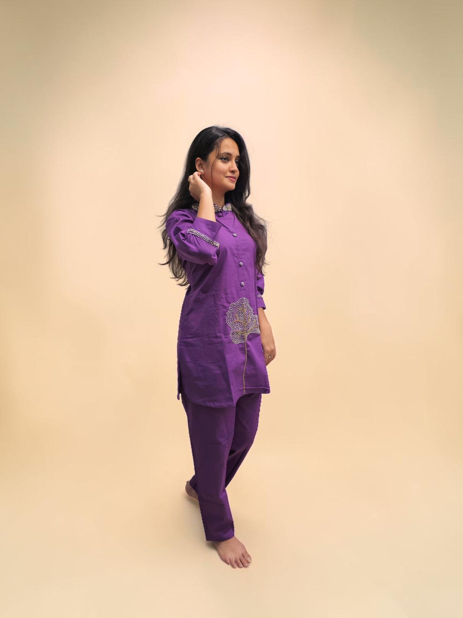 Women's purple cotton co-ord set with handcrafted detailing