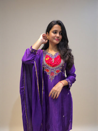 Women’s purple kurta palazzo set with intricate hand embroidery