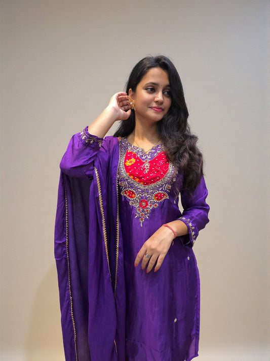 Women’s purple kurta palazzo set with intricate hand embroidery