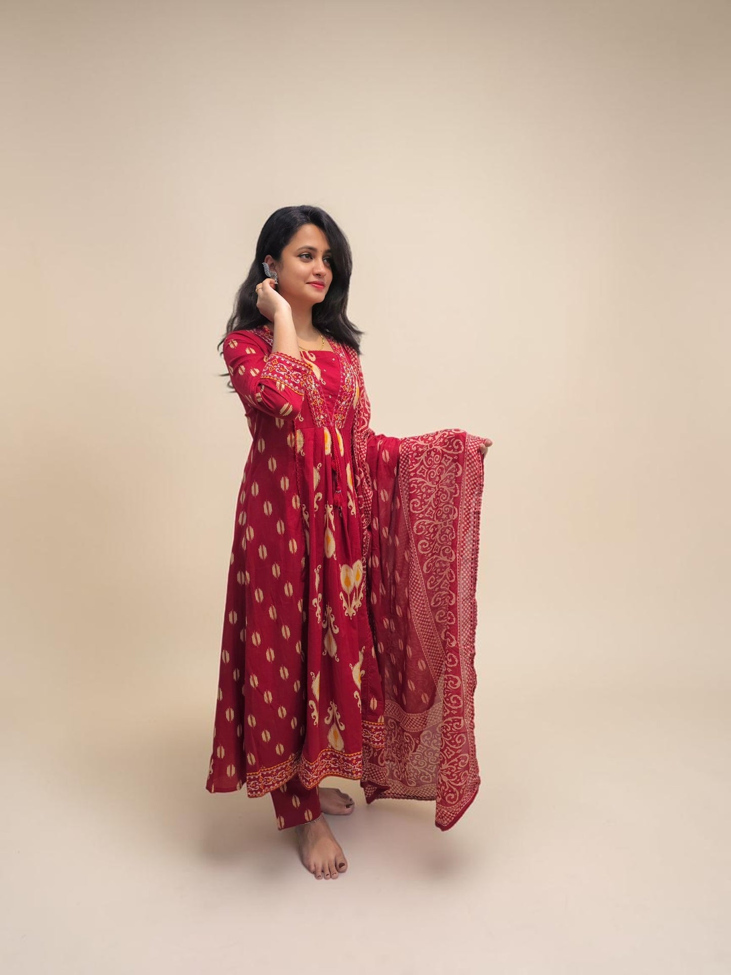Designer red cotton kurta set with traditional embroidery