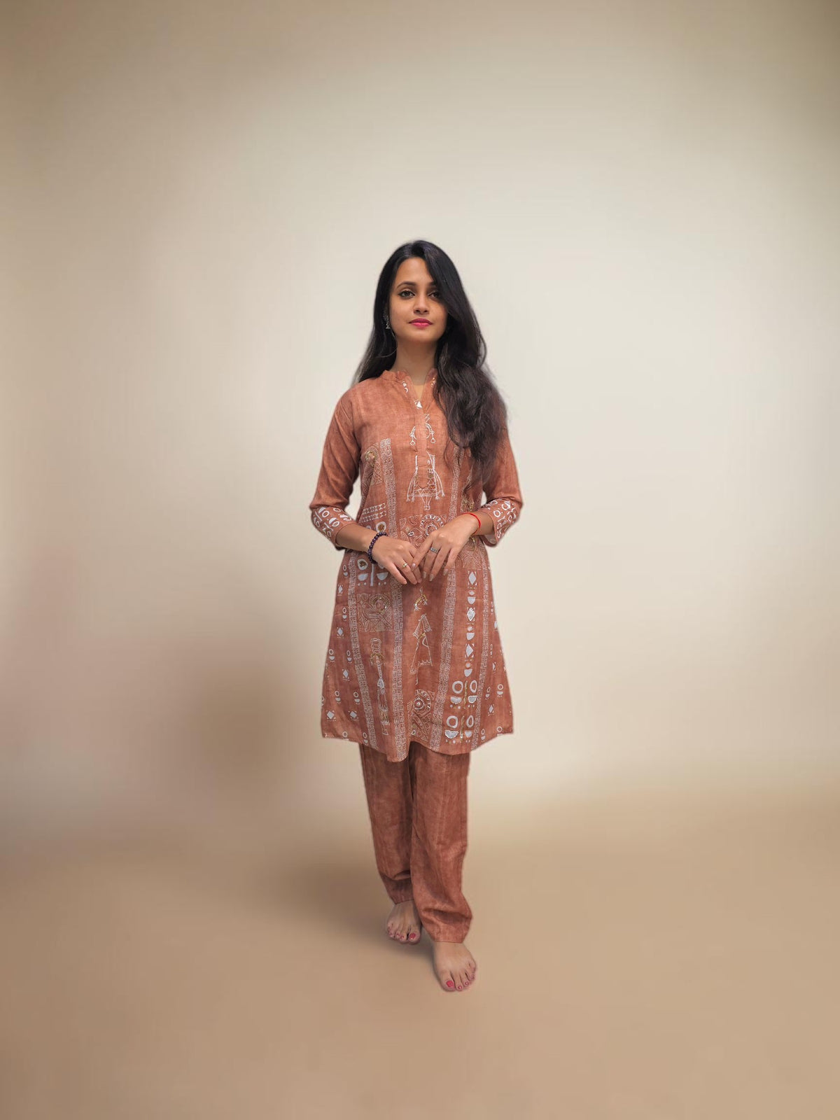 Designer rust brown cotton co ord set with handwork detailing