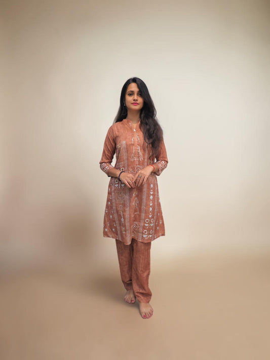 Designer rust brown cotton co ord set with handwork detailing