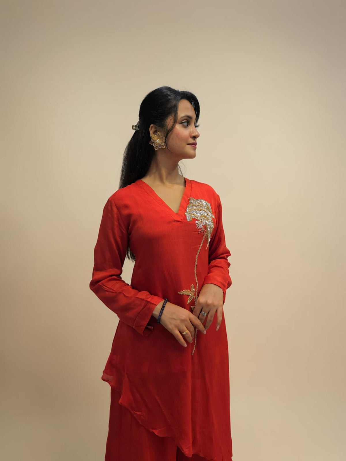 Designer rust orange ethnic cord set with floral handwork