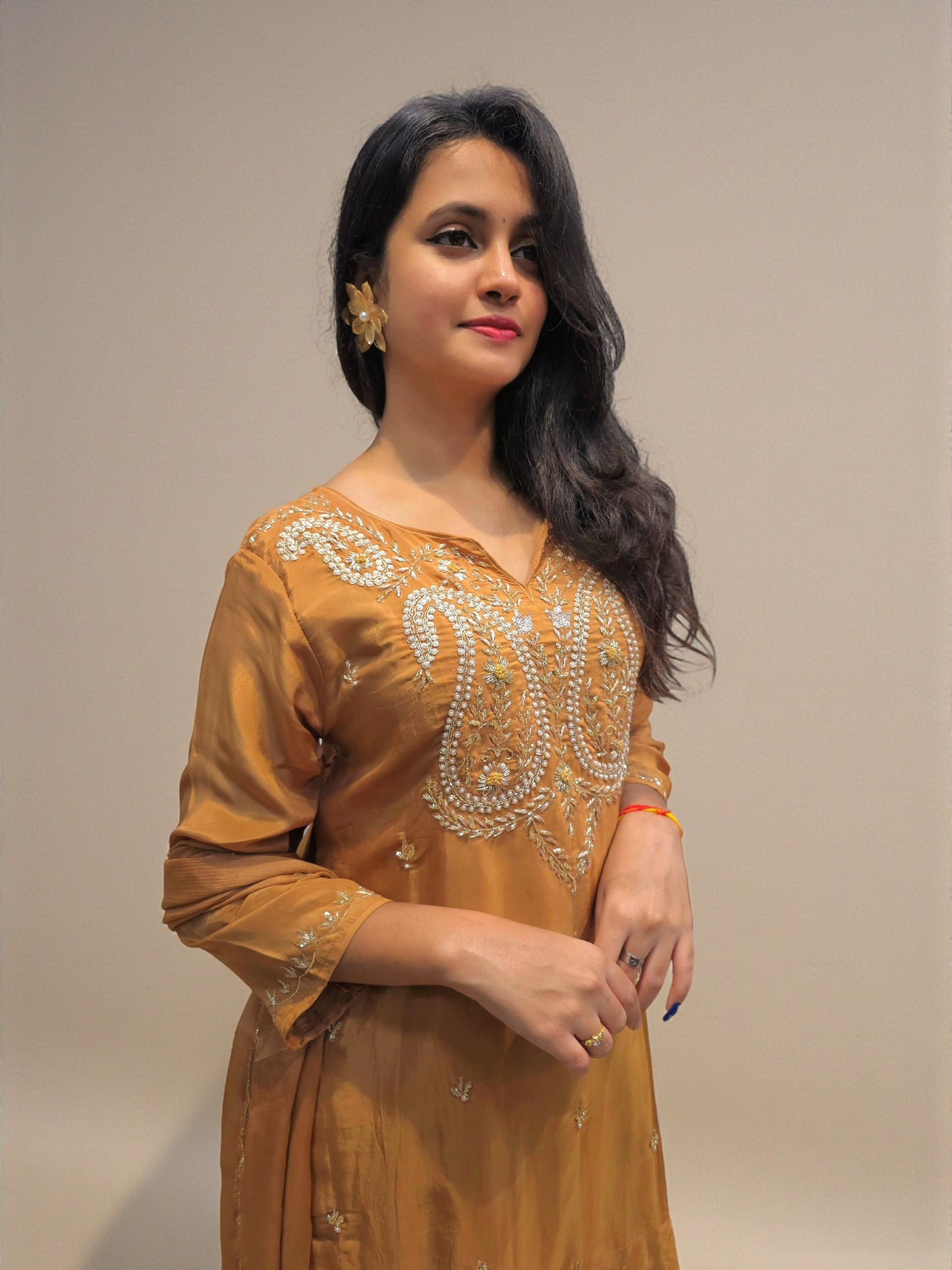 Designer rust orange kurta palazzo with zardozi embroidery
