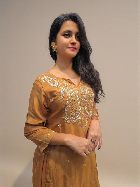 Designer rust orange kurta palazzo with zardozi embroidery
