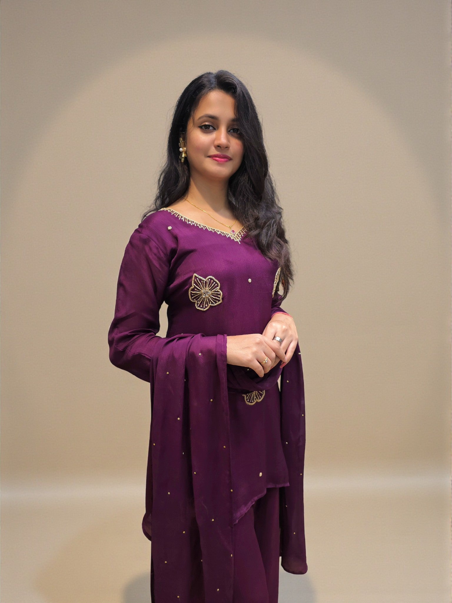 Designer pure chinnon short kurta palazzo set for parties and celebrations