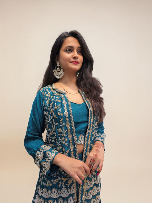 Embroidered teal jacket style palazzo set ethnic wear