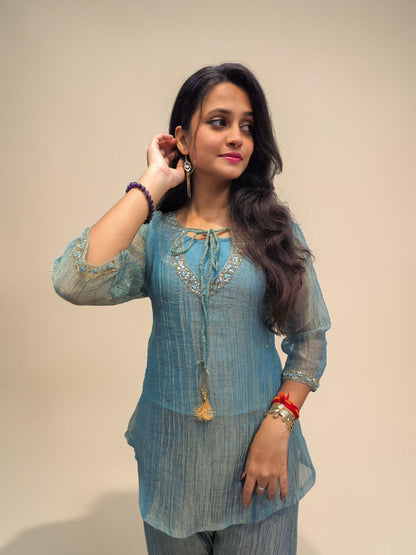 Designer teal blue ethnic cord set for festive wear